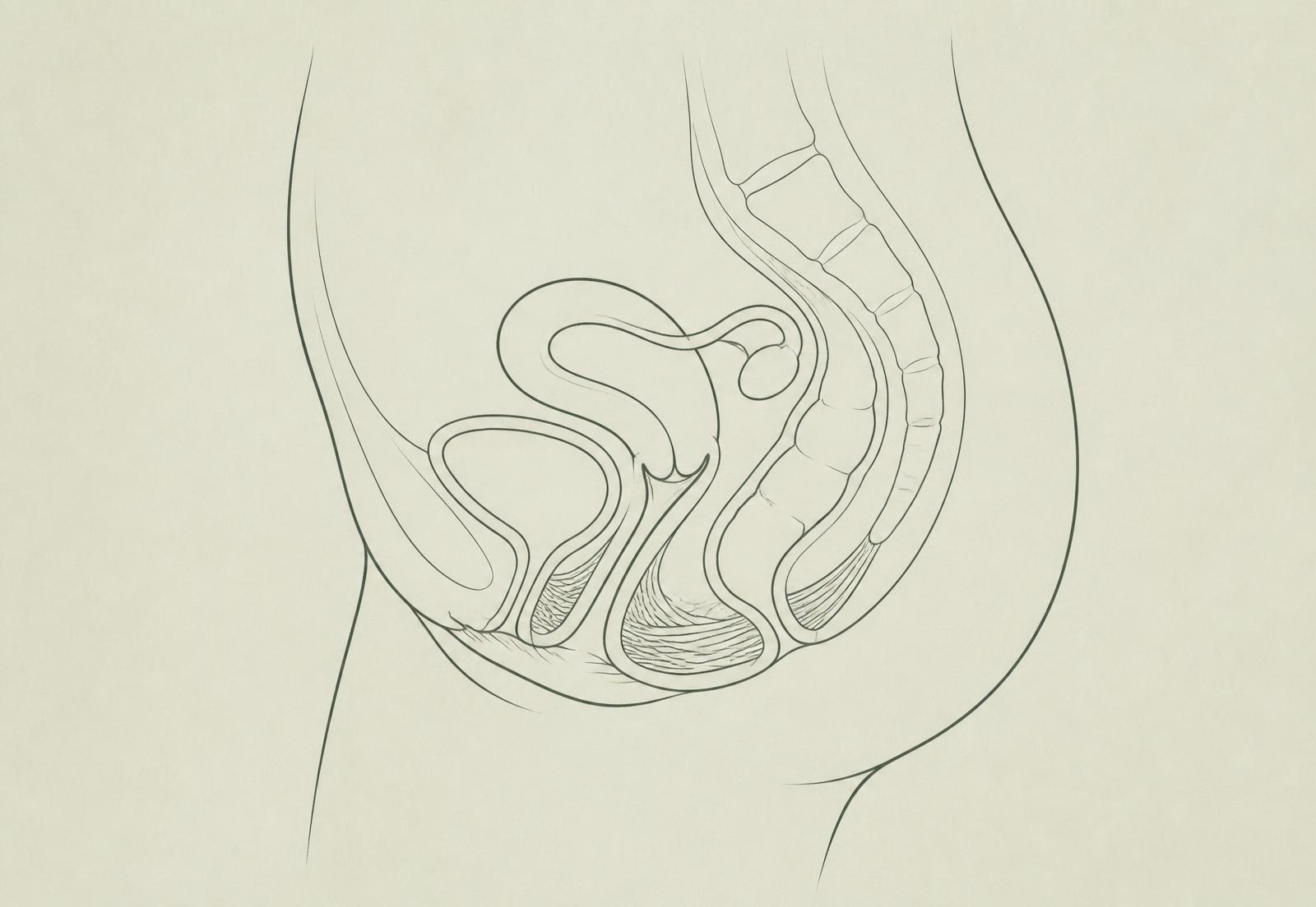 Minimal anatomical line drawing of the female pelvis, uterus and pelvic floor
