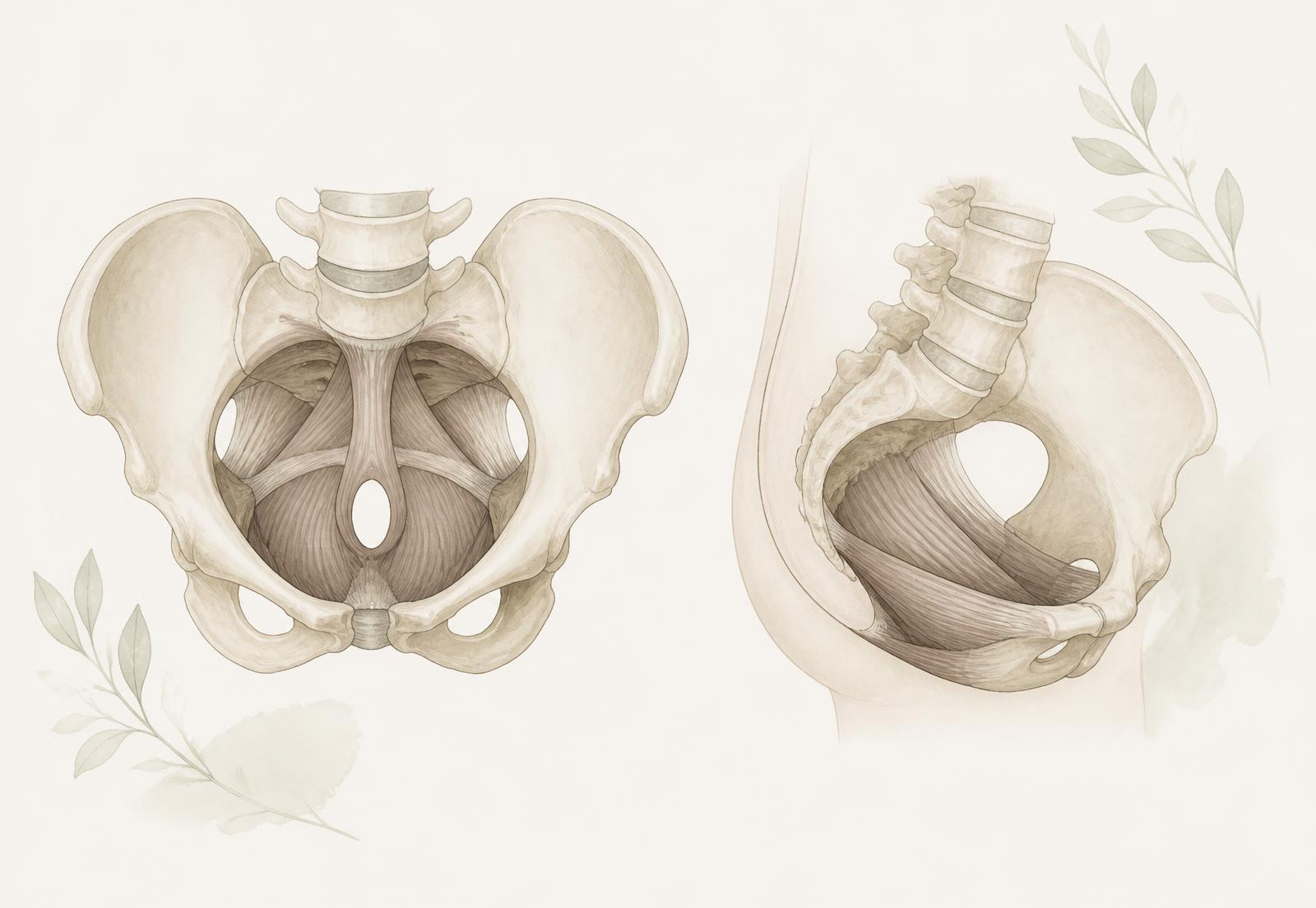 Editorial anatomical illustration of the female pelvis and pelvic floor muscles in neutral tones