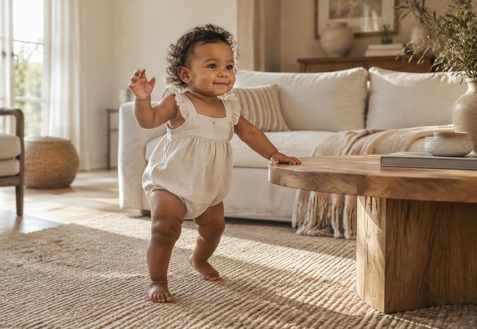 Toddler taking wobbly first steps beside a wooden coffee table in a warm, neutral lounge