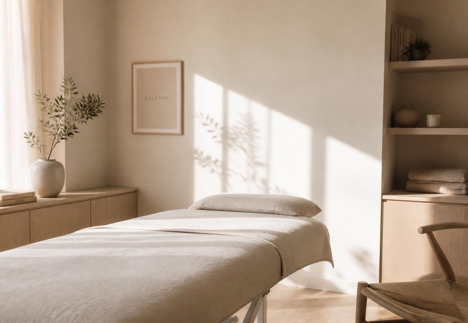 Calm, light-filled treatment room with natural cotton linen and a single sage stem