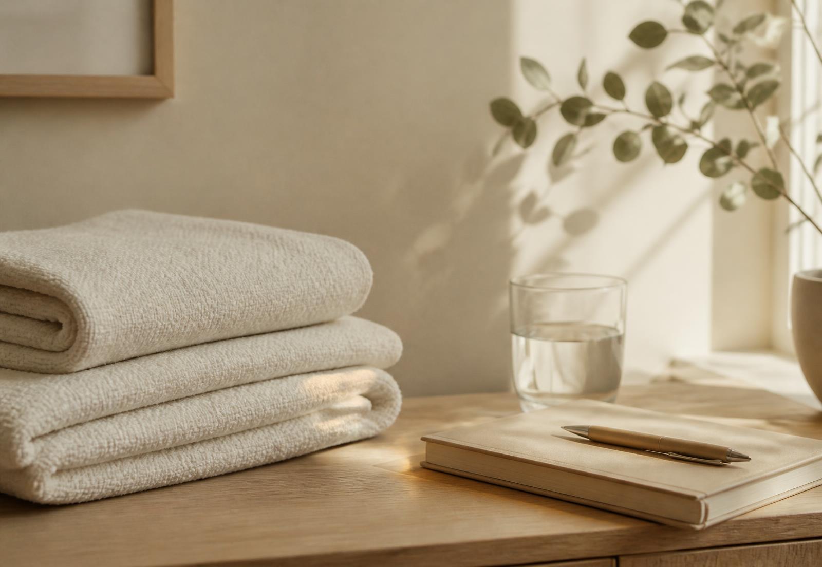 Warm still-life detail of folded towels, a notebook and soft greenery in the practice
