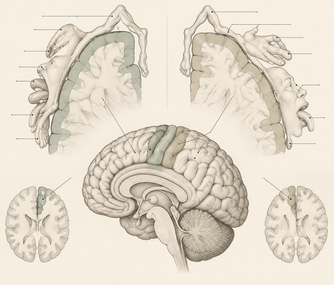 Neutral anatomical illustration showing the cortical homunculus and the brain’s internal body map