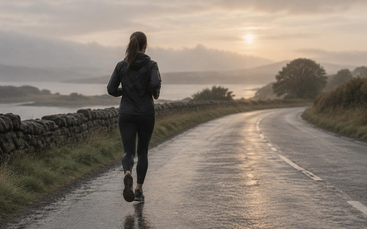 Woman running alone along a quiet wet road in soft early-morning light