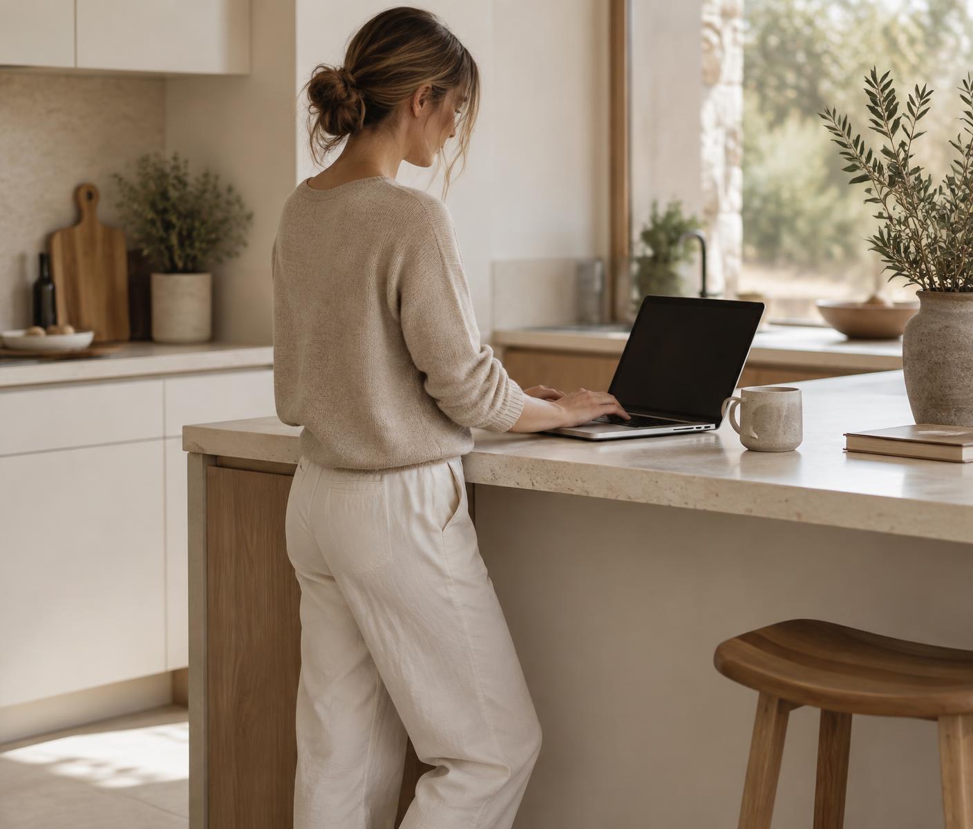 Woman standing naturally while working on a laptop at a warm neutral kitchen counter