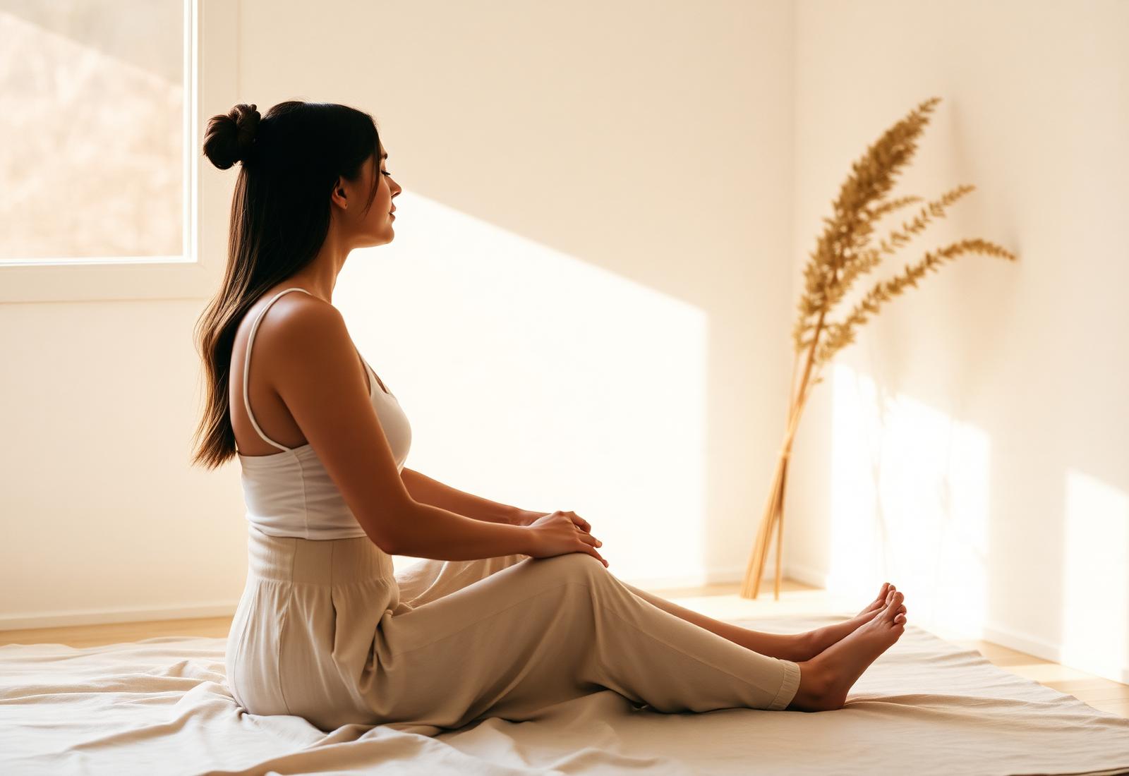 A woman seated calmly in soft window light, resting in quiet breath
