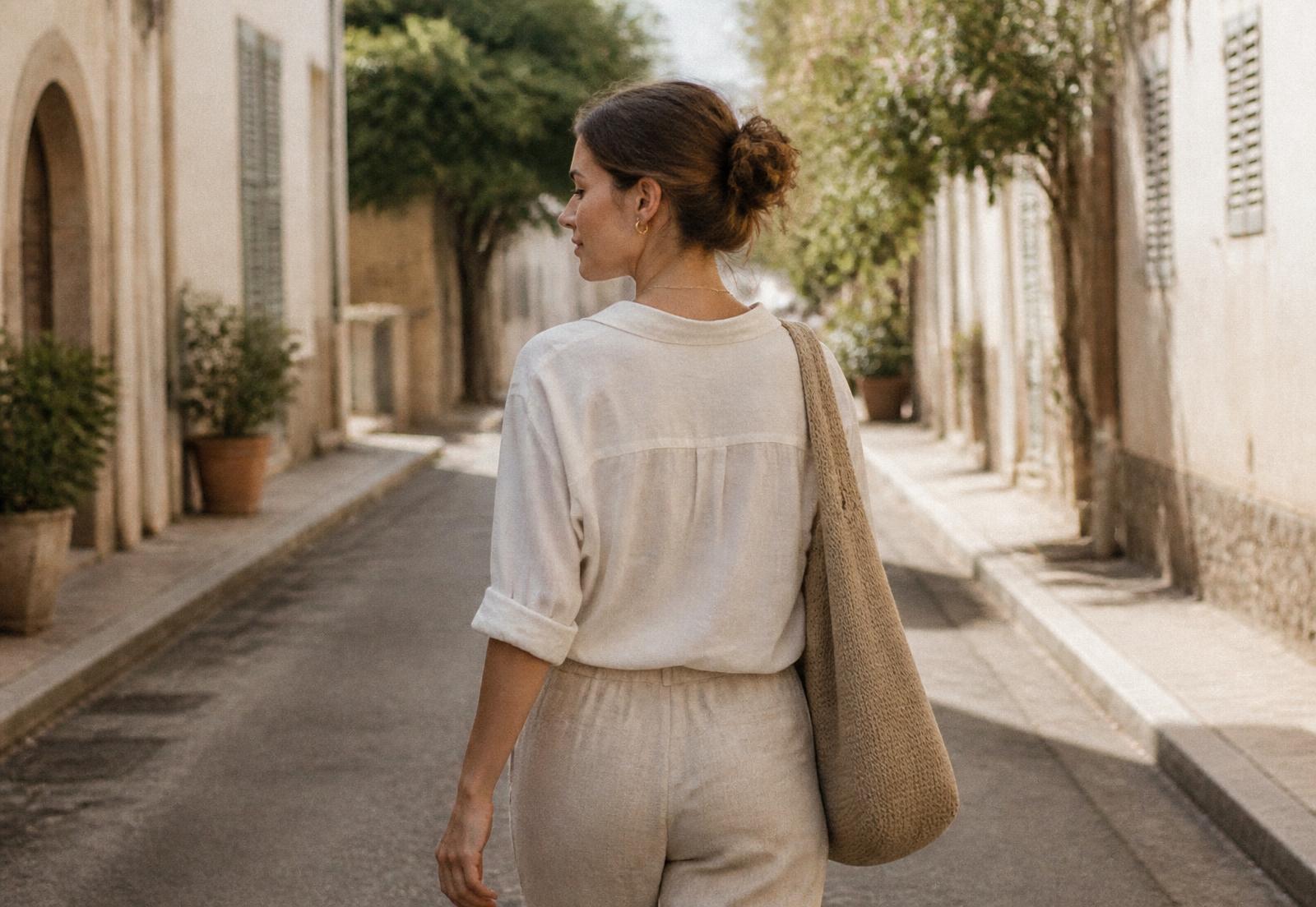 Woman walking confidently along a quiet sunlit street