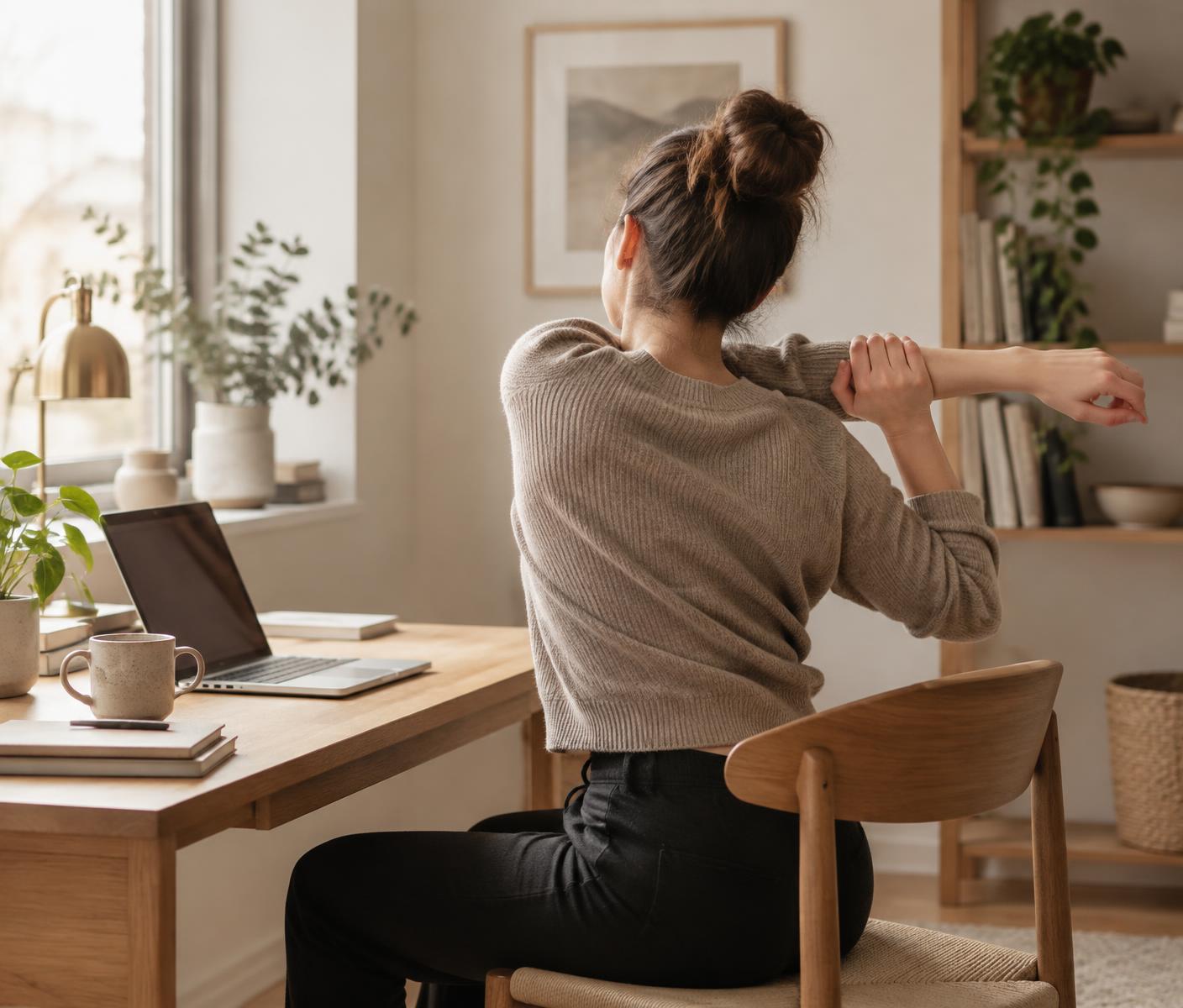 Woman taking a simple upper-body movement break beside her desk