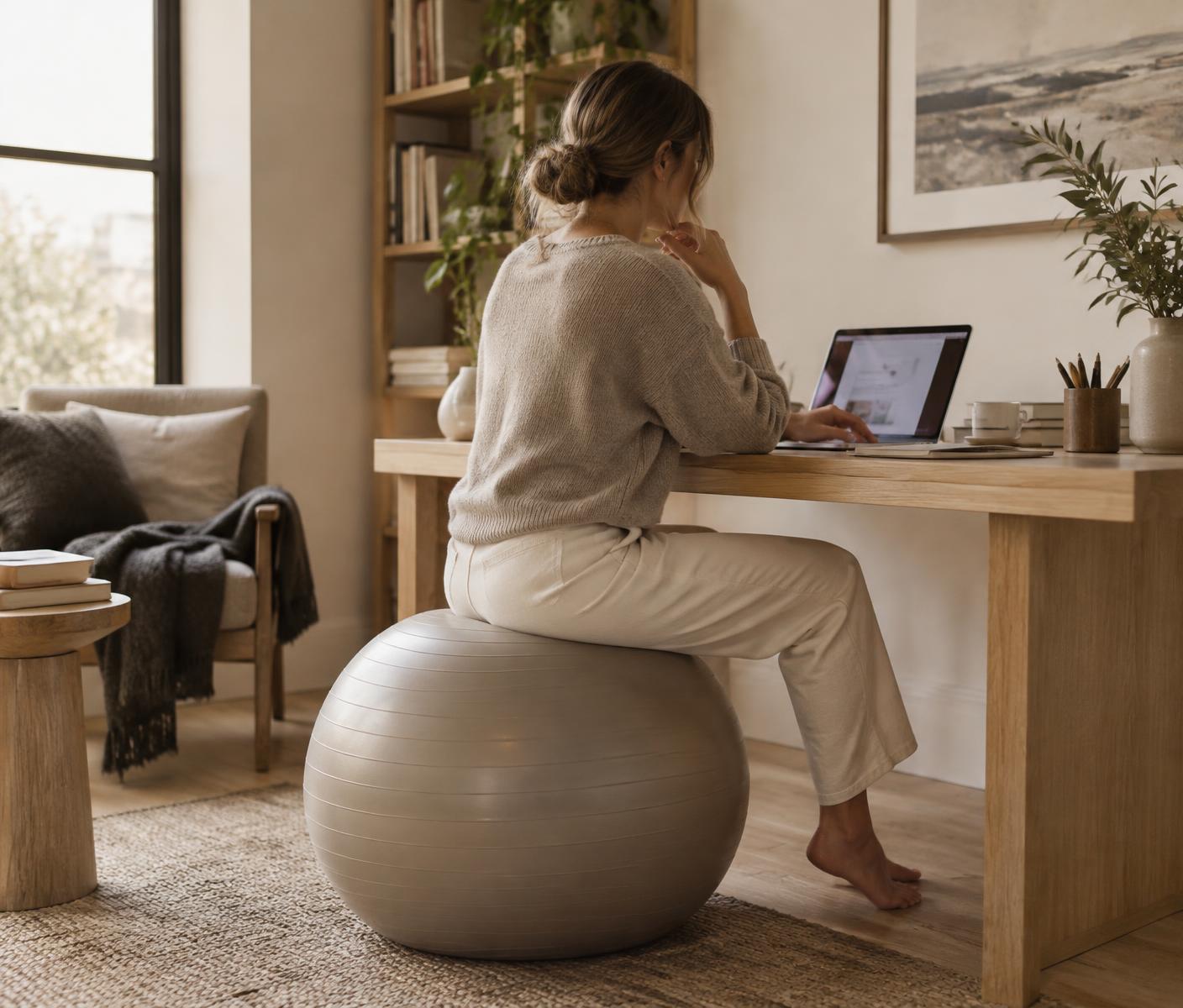 Woman changing her working position by sitting on a neutral Pilates ball
