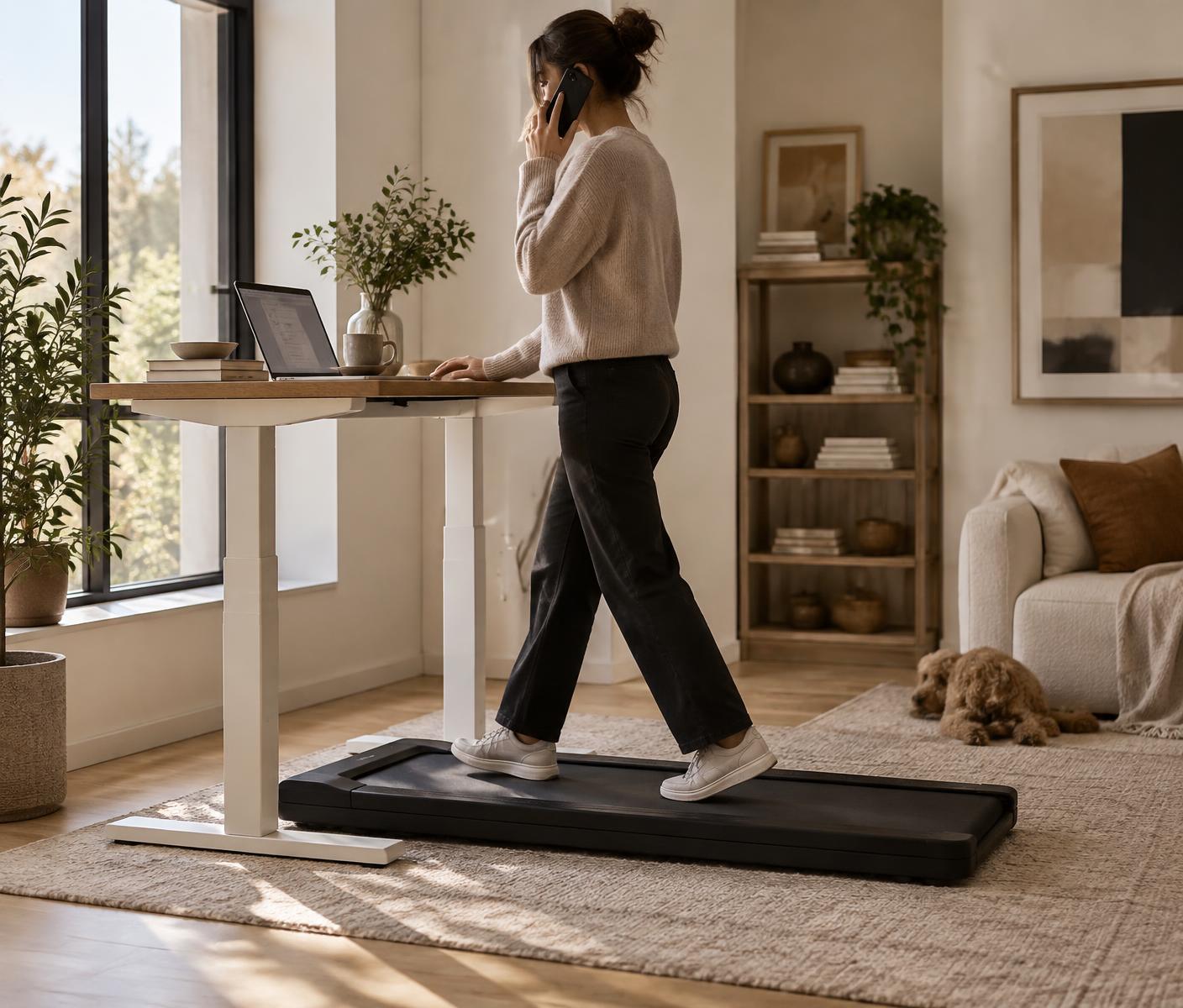 Woman taking a phone call while walking slowly at her standing desk