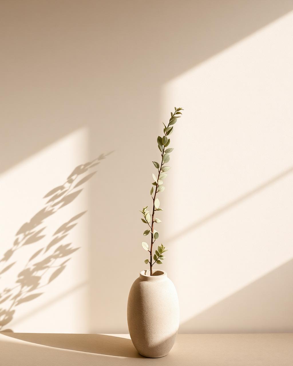 Single soft sage stem in a stone vessel against a warm ivory wall