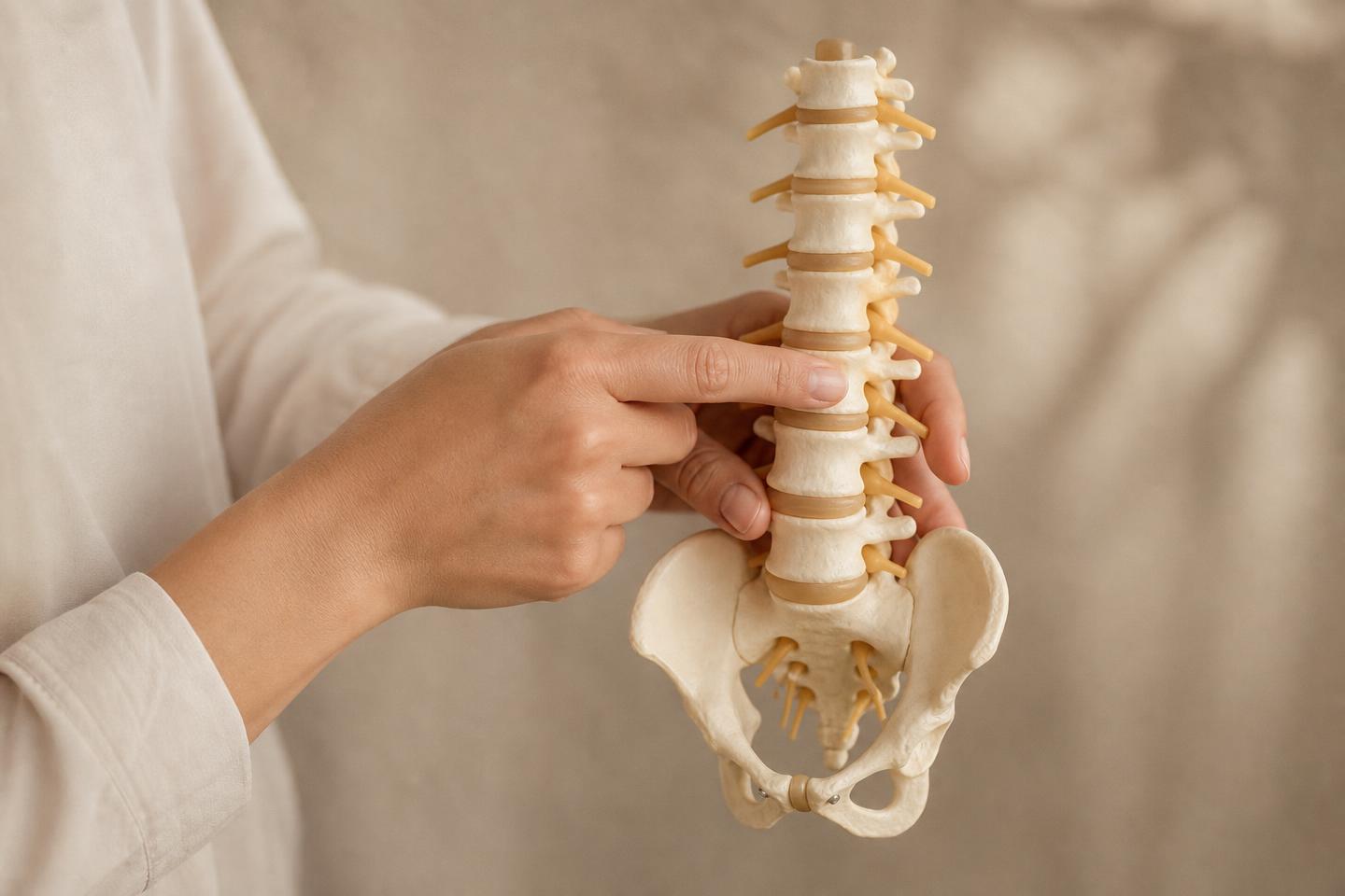 Hands holding an anatomical spine and pelvis model while explaining a diagnosis