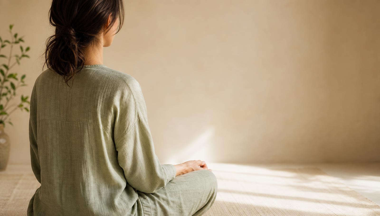 Woman sitting quietly in soft morning light, hands resting calmly in her lap