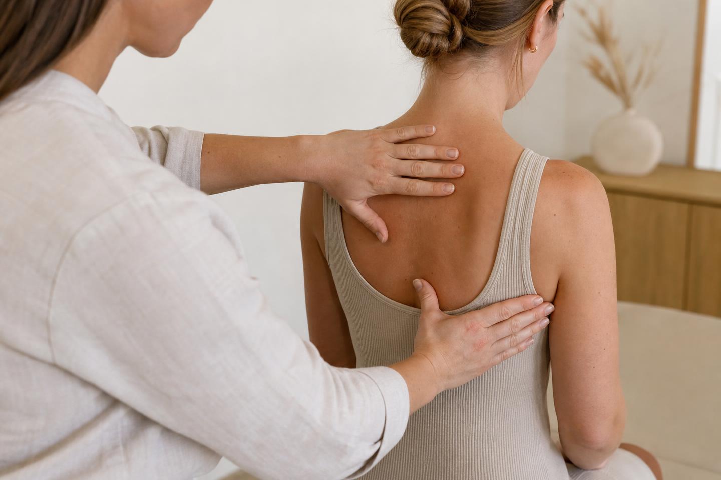 Close-up of a physiotherapist's hands easing tension along a patient's back
