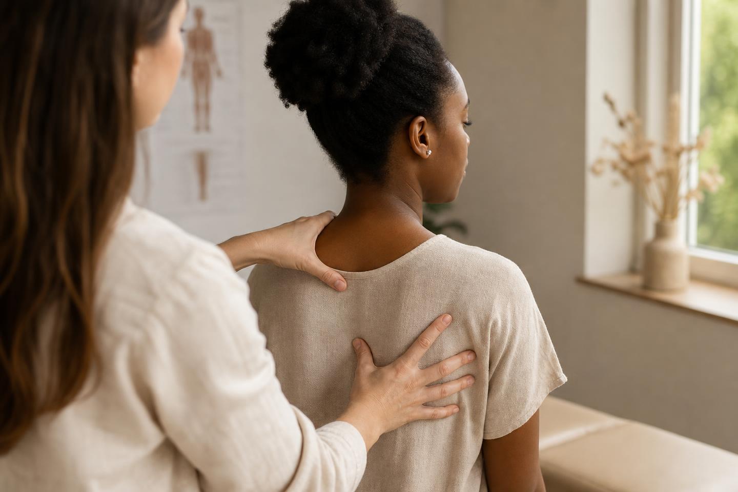 Physiotherapist's hands treating a patient's upper back during hands-on therapy