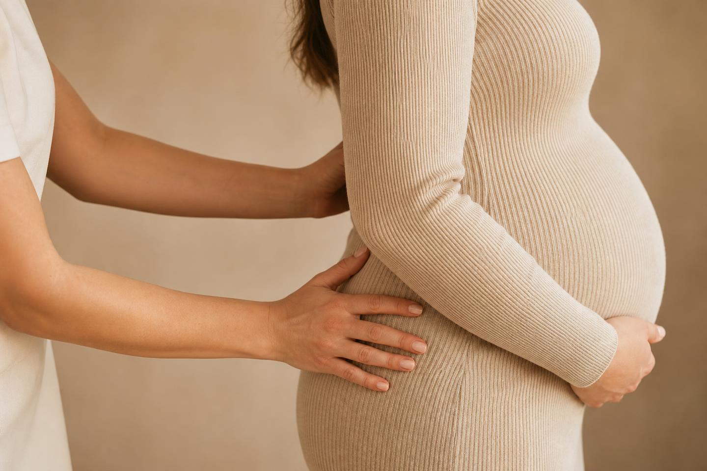 Physiotherapist's hands supporting a pregnant woman's lower back and pelvis