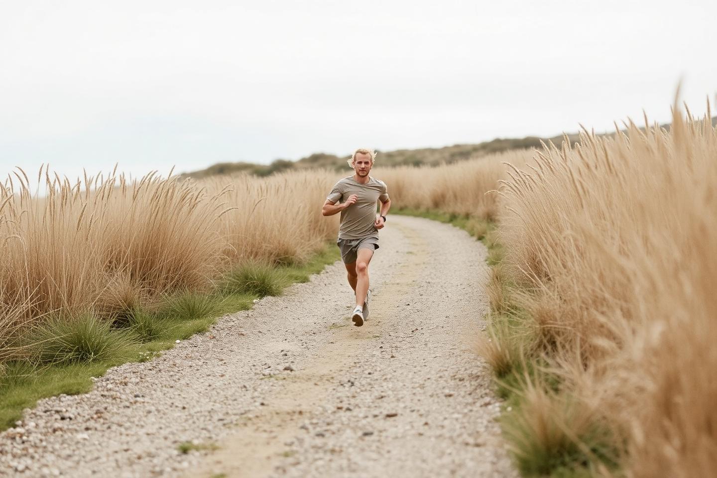 Runner training on a quiet gravel trail in soft daylight