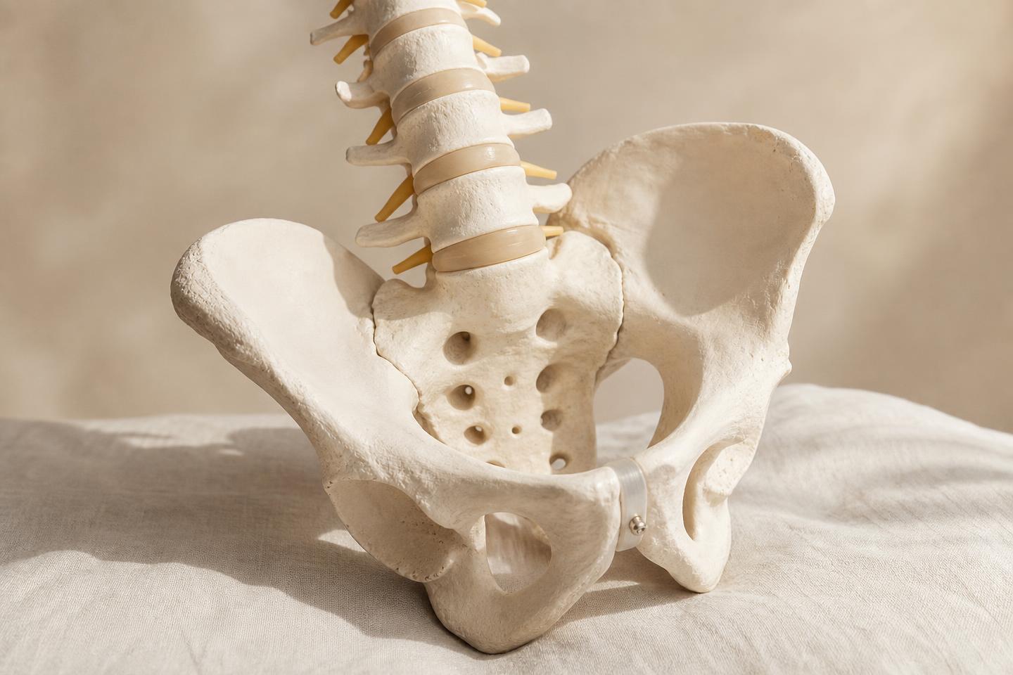 Close-up of an anatomical lumbar spine and pelvis model on soft linen