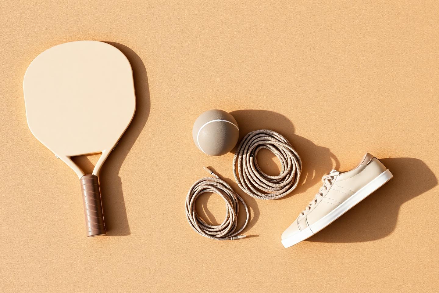 Minimal still life of padel racket, ball, skipping rope and trainers