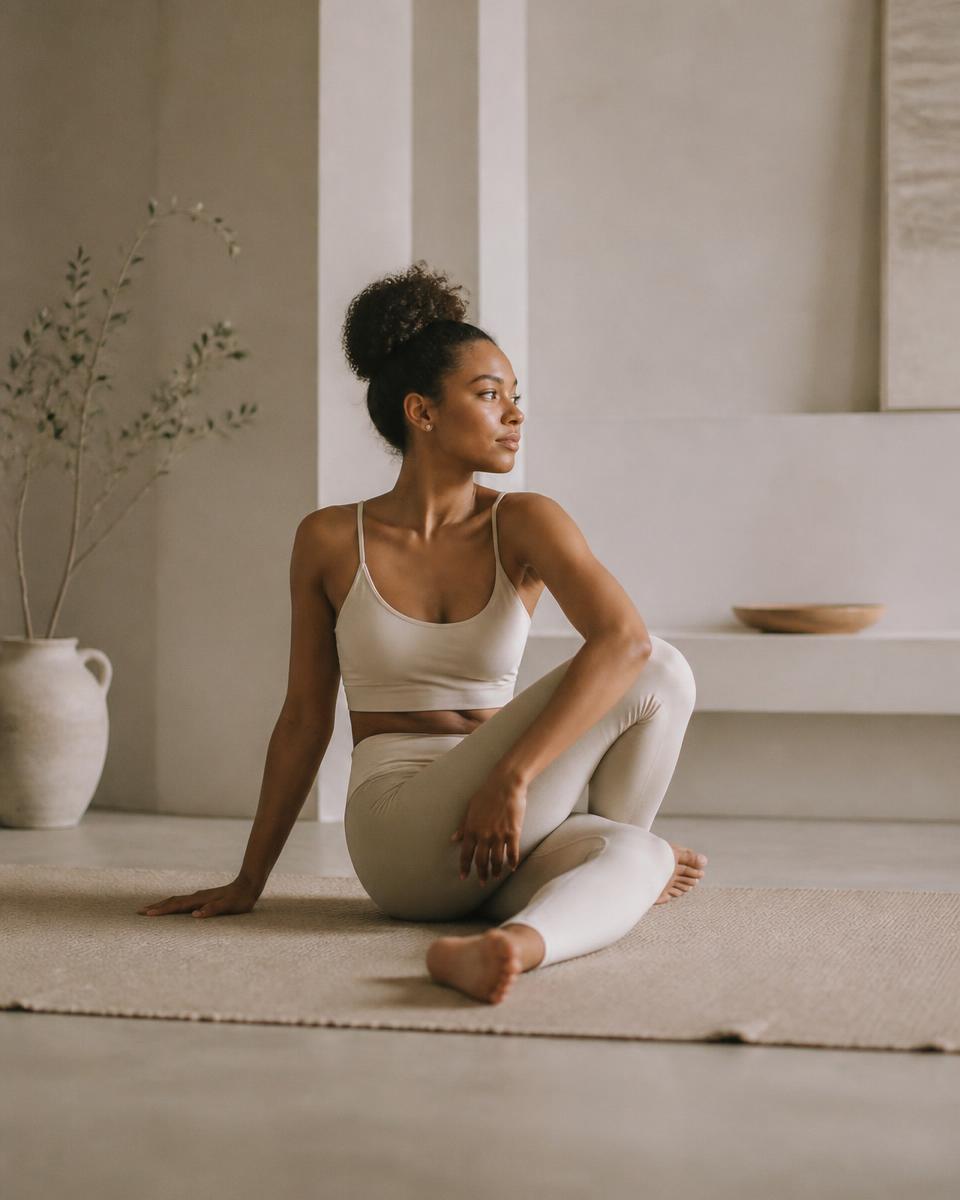 Woman stretching gently on a natural cotton mat in a quiet studio