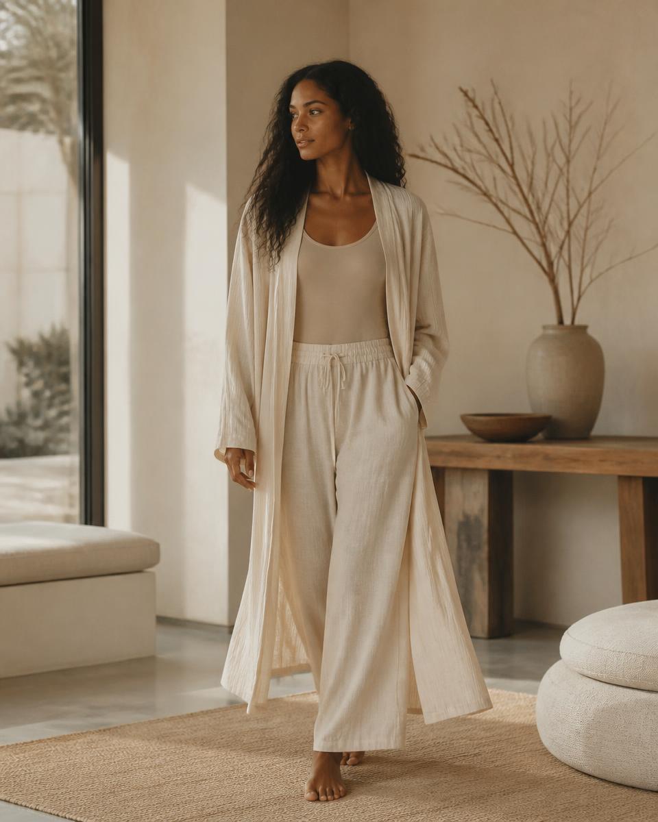 Woman walking comfortably through a calm, light-filled room